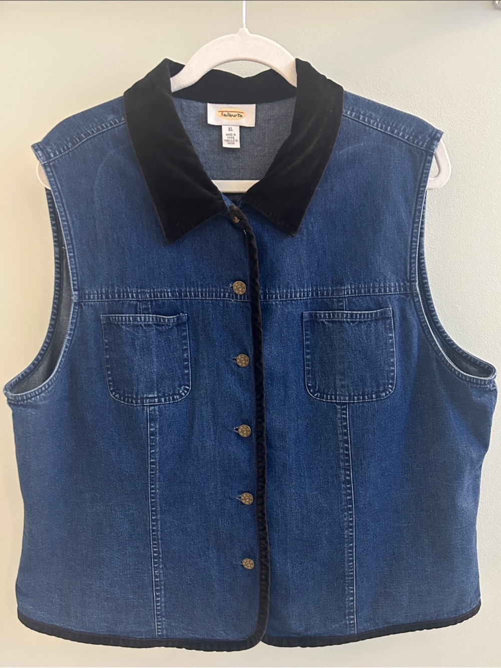 Talbots Dark Blue Denim Vest with Black Velvet Collar